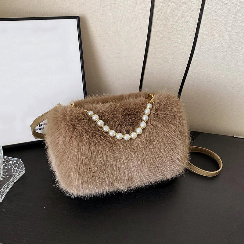 Yogodlns Winter Fashion Women's Faux Fur Shoulder Bags Candy Color Pearl Handle Crossbody Bag Small Fluffy Female Pillow Handbags