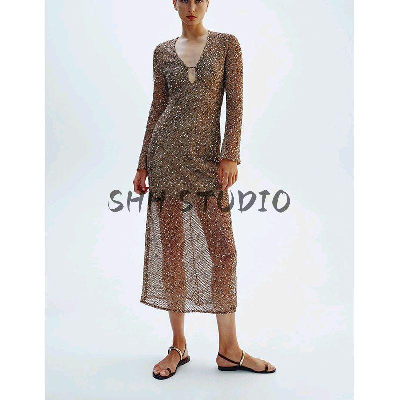 Summer New Product Women's Clothes Classic Style Deep V Neck Long Sleeves Beads and Beads Decoration Midi Skirt Dress 3618862