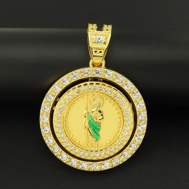 Hip Hop Tide Men's and Women's Diamonds Rotatable Religious St. Jude Statue Pendant Cuban Chain Necklace Accessories