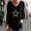Flower Pentagram Print Women Tshirts Ladies Tops Long Sleeve V-neck Pullover Femme T-shirts T Shirt For Women