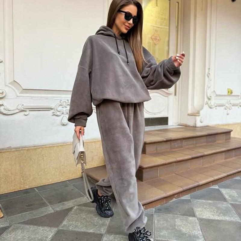 Womens Fleece Hooded Sweatshirt Elastic Waist Pants Set Solid Color Loose Streetwear Two Piece Outfit