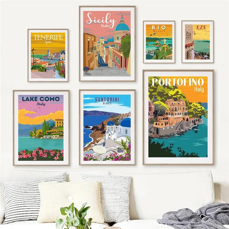 Spanien Amalfiküste Santorini Französische Riviera Italien Druck Kunst Leinwand Poster Für Wohnzimmer Dekoration Zuhause Wandbild