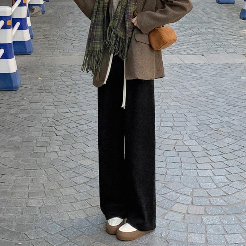 Fashion Thick Solid Casual Loose Wide Leg Pants Women Autumn and Winter High Waist Elegant Office Ladies Trousers Vintage Simple Straight Pants 25680