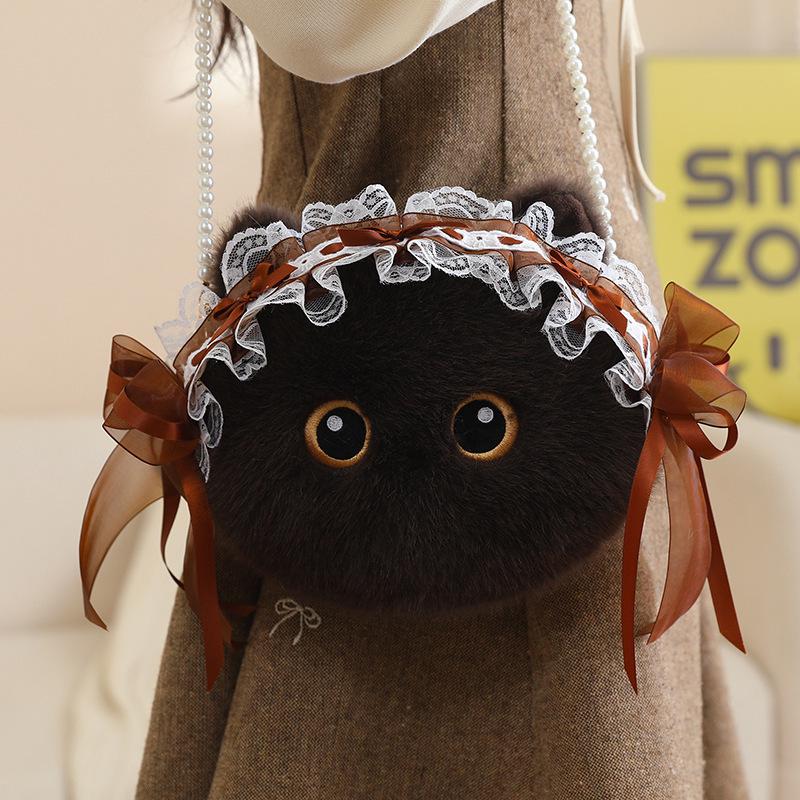 Borsa a tracolla in peluche gatto nero tricolore - Borsa a spalla carina, versatile e regalo di compleanno.