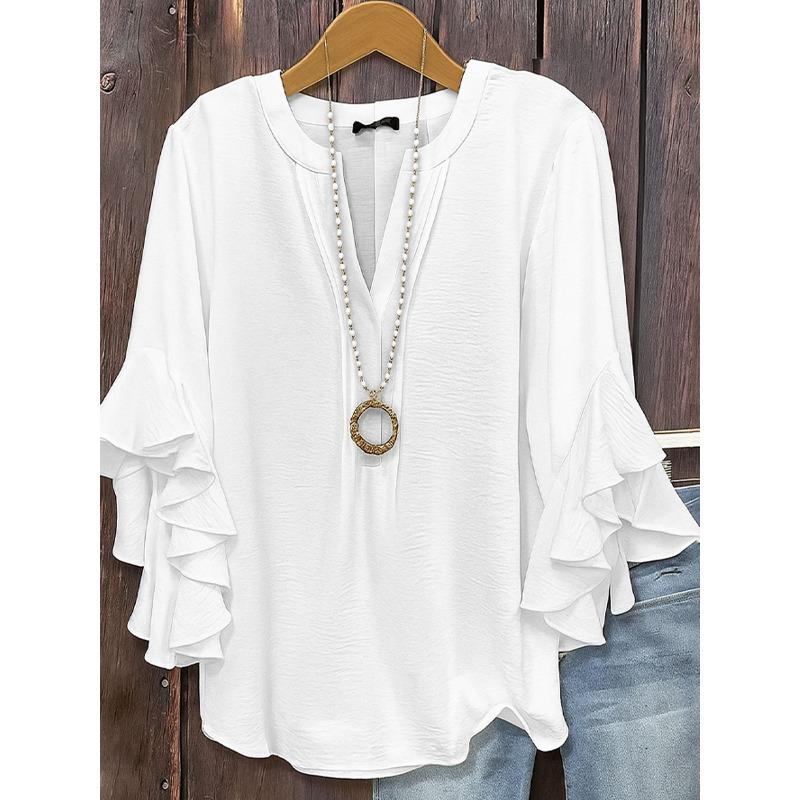 HNXC Damenmode, lässig, einfarbig, 3/4-Ärmel, V-Ausschnitt, Blusen und Hemden