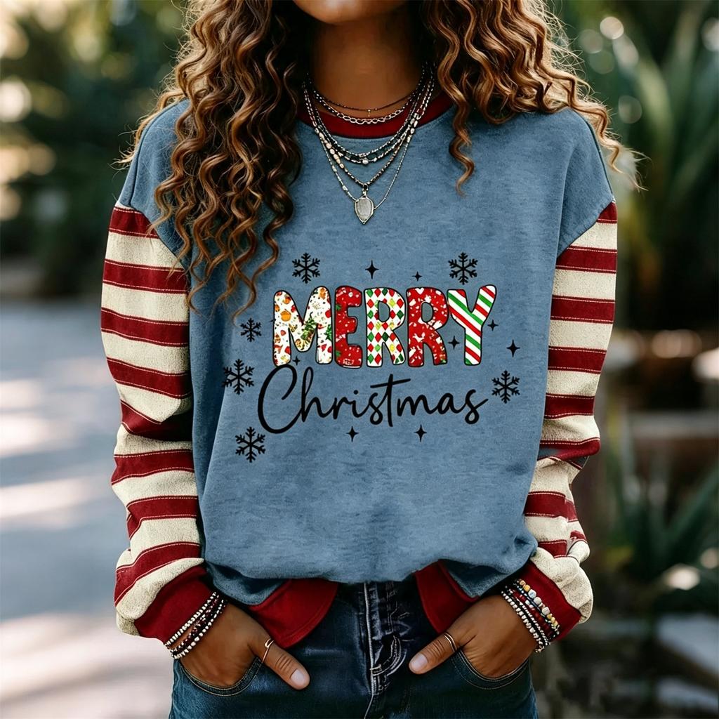 Women's Long Sleeve Christmas Print Neck Pullover Sweatshirt Casual Winter Top