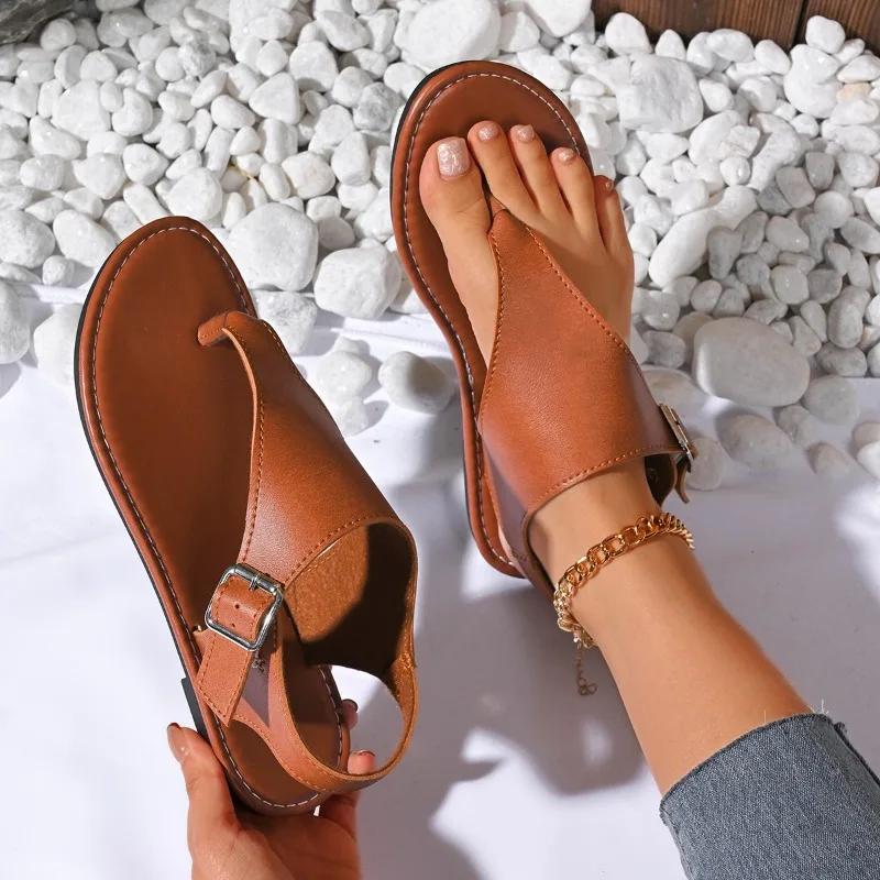Casual Female Shoes 2024 Flip Flops Women's Sandals Daily Sandals Women Round Toe Buckle Strap Flat with Plus Size Shoes Women