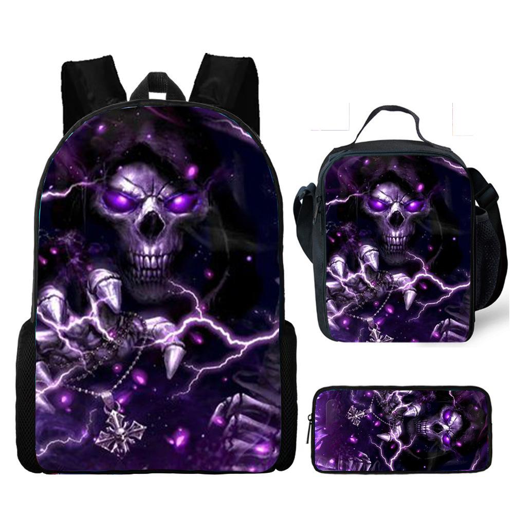 Hot Selling Skull Backpack Three Piece Set Printed Primary and Secondary School Backpack Meal Bag Pencil Case