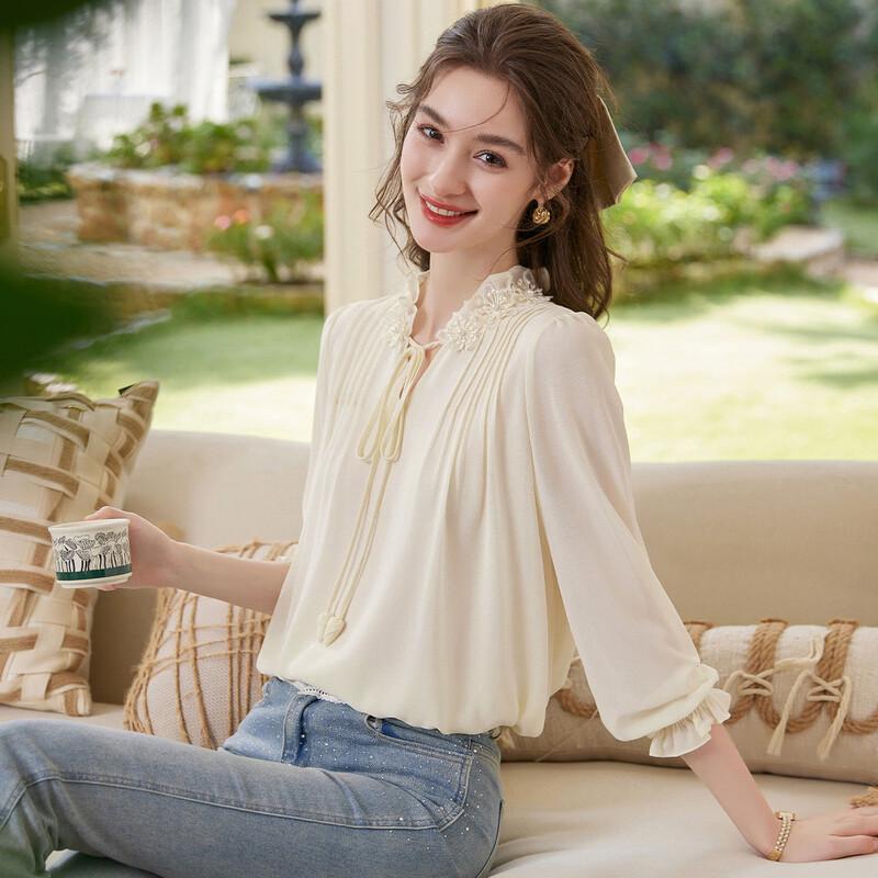 Women's Elegant Lace Beaded Long Sleeve Blouse
