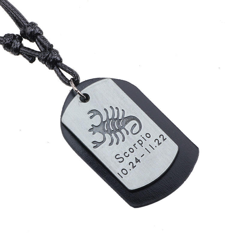 JMXD-European and American Twelve Constellation Necklace Retro Brushed Metal Pendant Genuine Leather Wax Rope Woven Constellation Series Necklace
