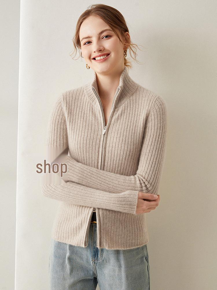 Women's Slim Fit Striped Cashmere Cardigan - Stand Collar, Long Sleeve, Zipper Knitwear Sweater for Autumn & Winter