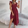 Autumn Winter Women Elegant High Waist Pleated Dress Short Sleeve Solid Color Lace Up Fashion