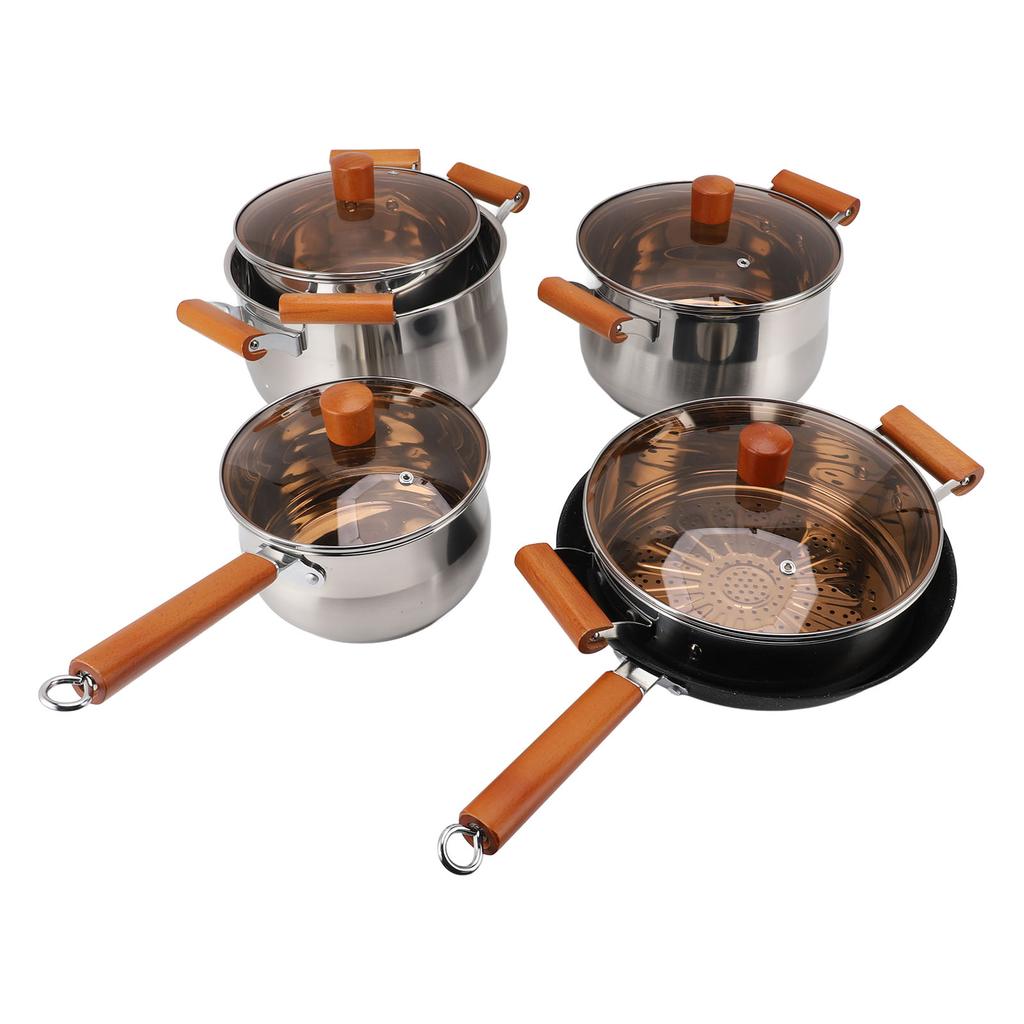 Stainless Steel Cookware Set Wooden Handle Multifunctional Kitchen Cooking Set for Steaming Boiling