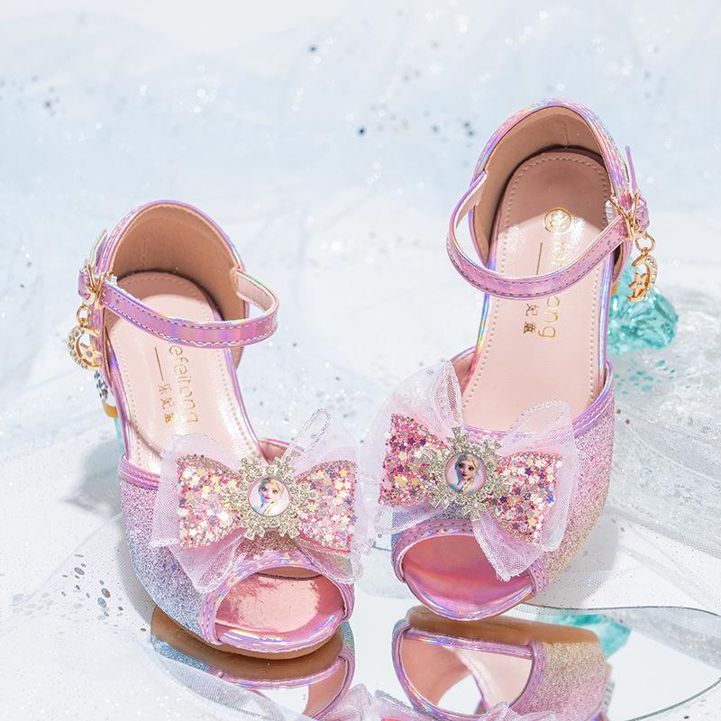 

Girls high-heeled shoes for spring and summer, sweet and stylish with rhinestones, sheer fabric, butterfly knot, non-slip soft sole, Elsa princess 23 розовый