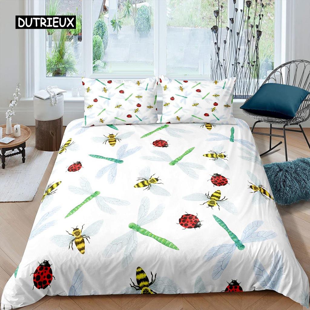 Marienkäfer-Bettbezug-Set, 3D-Marienkäfer-Druck, Bettwäsche-Set für Kinder, Jungen und Mädchen, fliegende Entomologie, 2/3-teilig, weicher Bettbezug in Kingsize