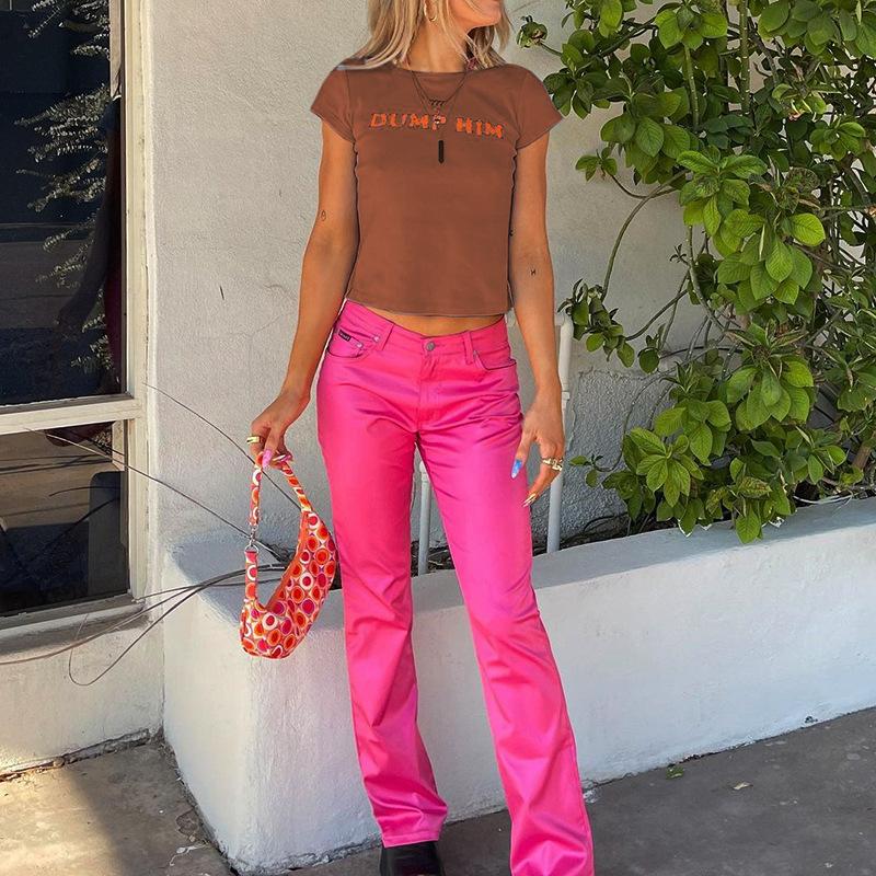 Cute 2000s Aesthetics Letter Print Blue Baby Tees Y2K Streetwear O-neck Short Sleeve Crop Tops Women Fashion 2022 Slim