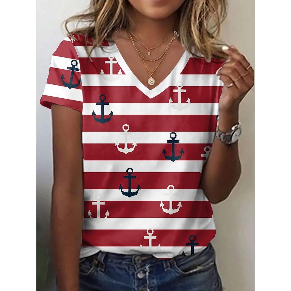 New Anchor Stripe 3D Print T-Shirts Women's Short Sleeve V-Neck T Shirt Casual Tops Harajuku Tees Streetwear Female Clothing