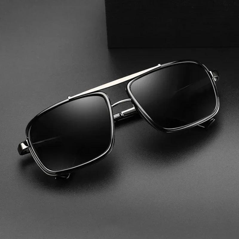 New Fashion Double Beam Polarized Men'S Sunglasses Retro Neutral Driving With Thick Edges Uv400 Sunscreen Sunglasses