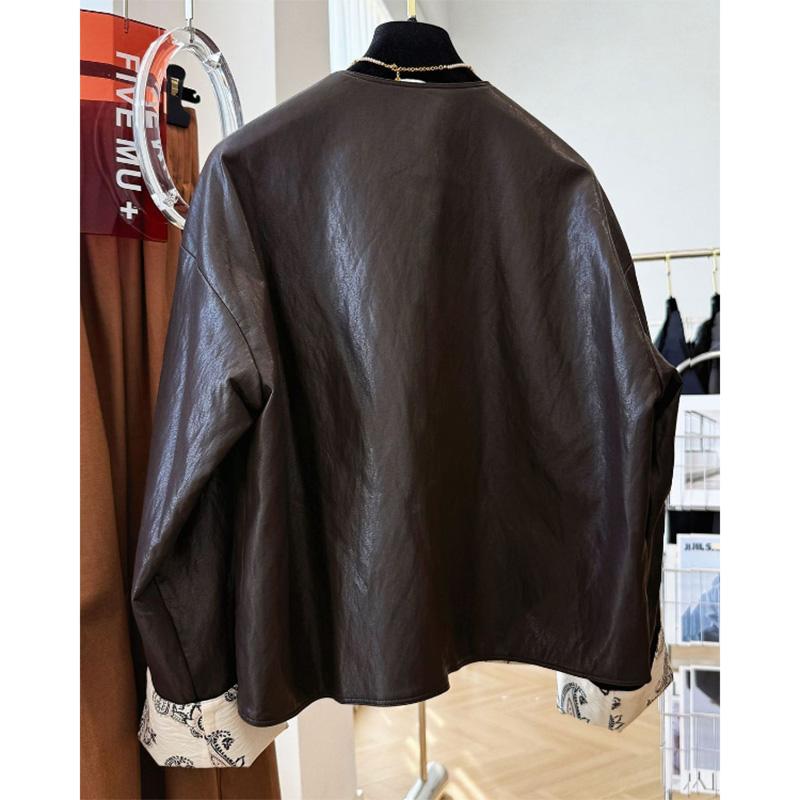 Leather Jacket for Women Winter Reversible Printed Thickened Oversized Windbreaker Loose Casual Coat Top