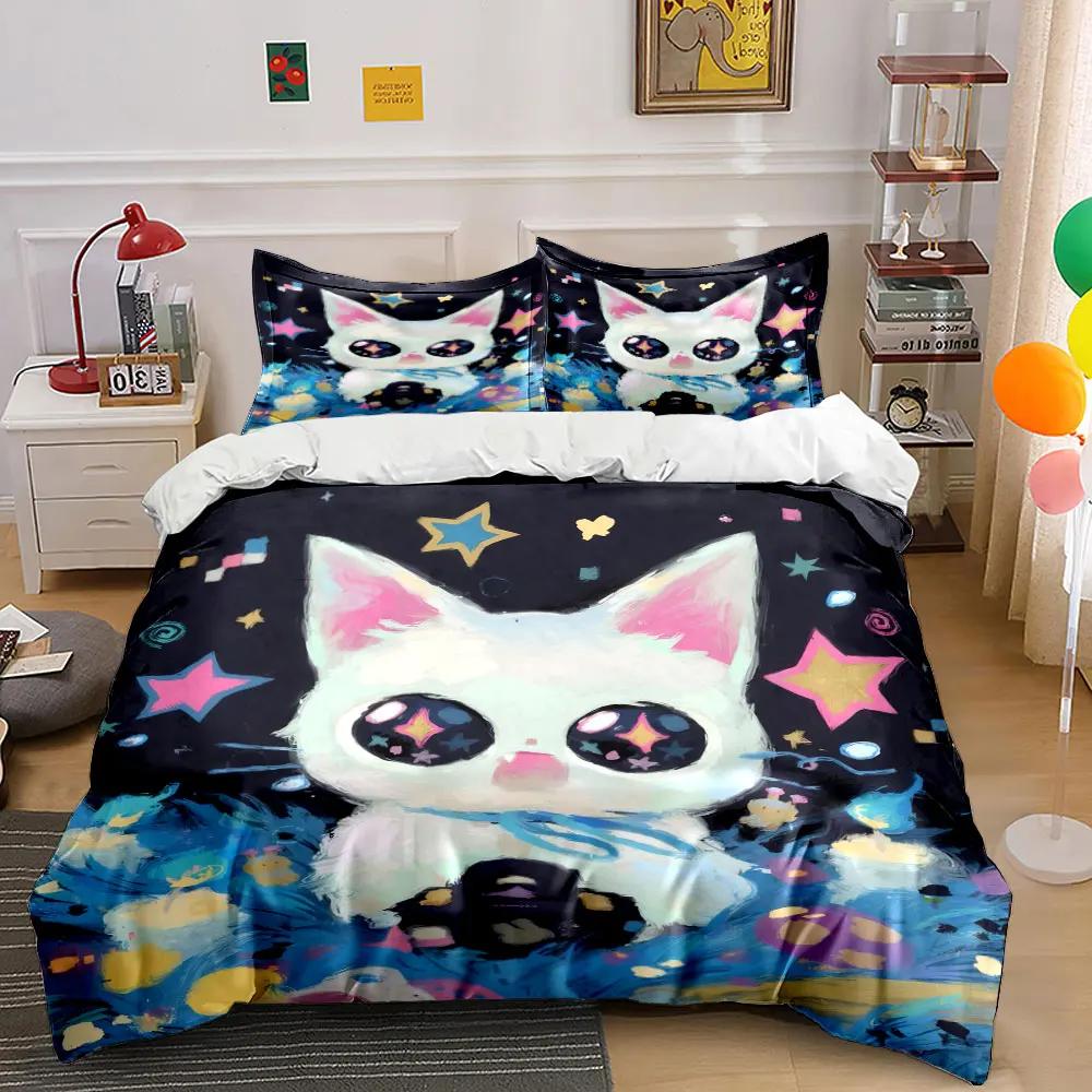Cute Cat Starry Night Decoration Set Soft Comfortable Duvet Cover Bedding Set Included 1*Duvet Cover & 2*Pillowcases Gift