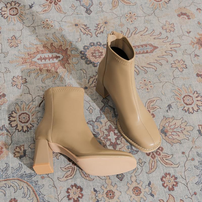 Französische elastische kurze Stiefel Damen dicke Absätze Herbst und Winter neu Maillard Temperament vielseitig Reißverschluss hinten dünne Martin-Stiefel