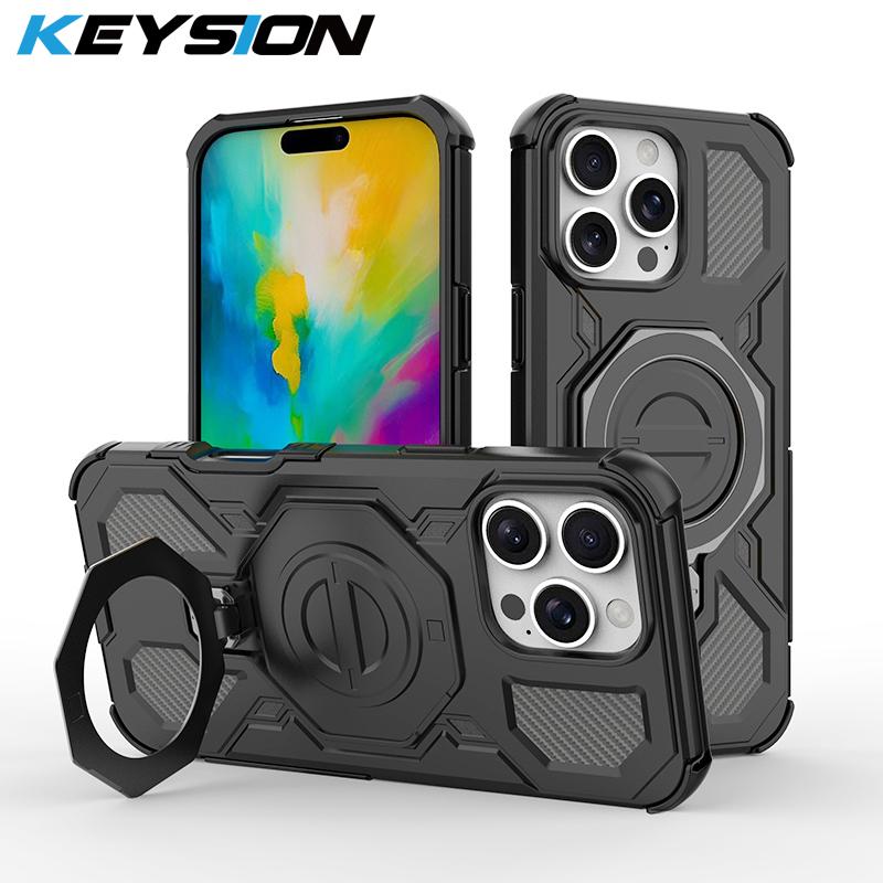 KEYSION Shockproof Magnetic Case for iPhone 16 Pro Max Upright Live Metal Ring Stand Phone Cover for iPhone 15 Pro Max