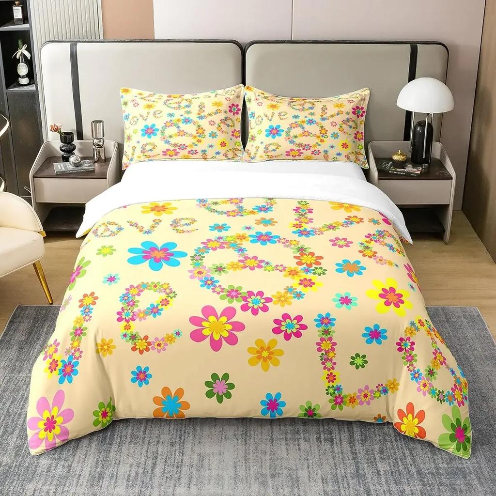 Comforter Vintage Floral Retro Polyester Comforter Colorful Daisy Bedding Set With 2 Pillow Sham Full Size 3 Pieces