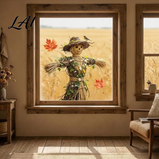Farmhouse Fall Window Decorations Scarecrow Stickers with Realistic Maple Leaf Pastoral Decals Waterproof Harvest Seasonal Wall PVC Static