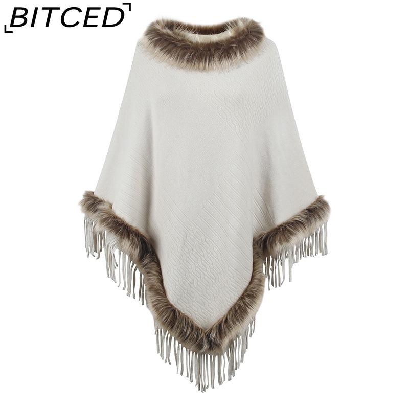 BITCED Knitted Fringe Cape for Women - Autumn/Winter Solid Colour Oversized Pullover Shawl Coat