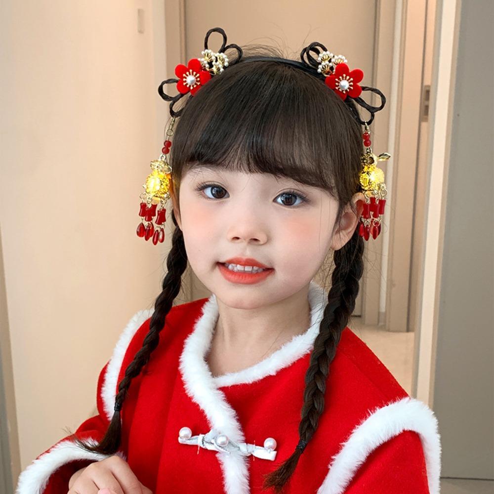 Flower Tassel Hanfu Wig Headband Chinese Style New Year Headdress  Children