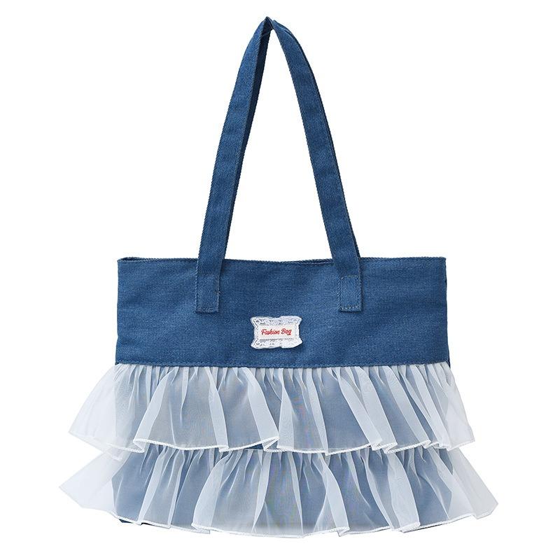 Denim bag women's large-capacity new summer versatile lace pleated shoulder bag student tote bag