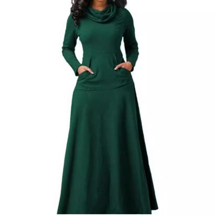 Autumn and winter solid color patchwork interface pocket neck long dress autumn and winter long dress
