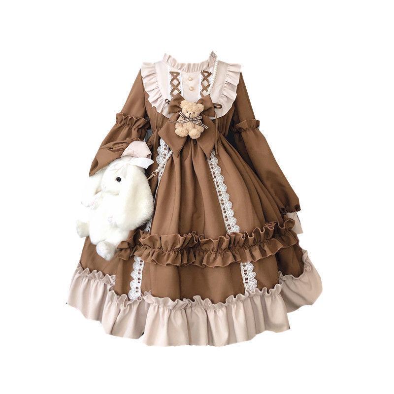 Japanese Fashion Bear Bow Detail Lolita Long Sleeve Dress Full Set New Loose Women Cute