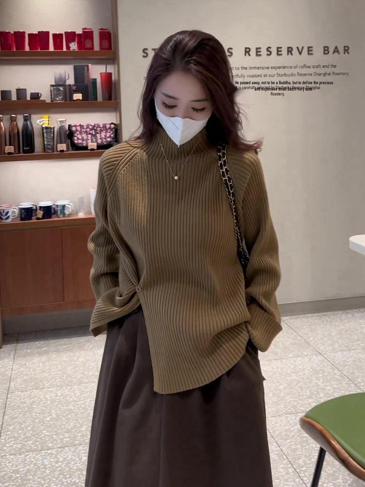 Women's Purple Ribbed Knit Semi-High Neck Sweater with Hem Side Slit - Slimming Spring/Summer Fashion Top