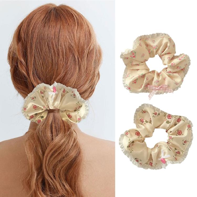 Lace Trimmed Floral Hair Scrunchy Hair Decors Stretchy Soft Fabric Ponytail Holder for Women Girls Various Hairstyles