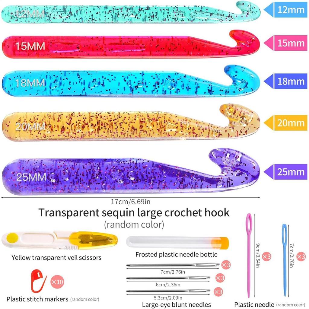 5pcs Large Crochet Hook Set 12mm-25mm Transparent Crystal Knitting Needles DIY Yarn Knitting Tool Yarn Knitting Needles Set