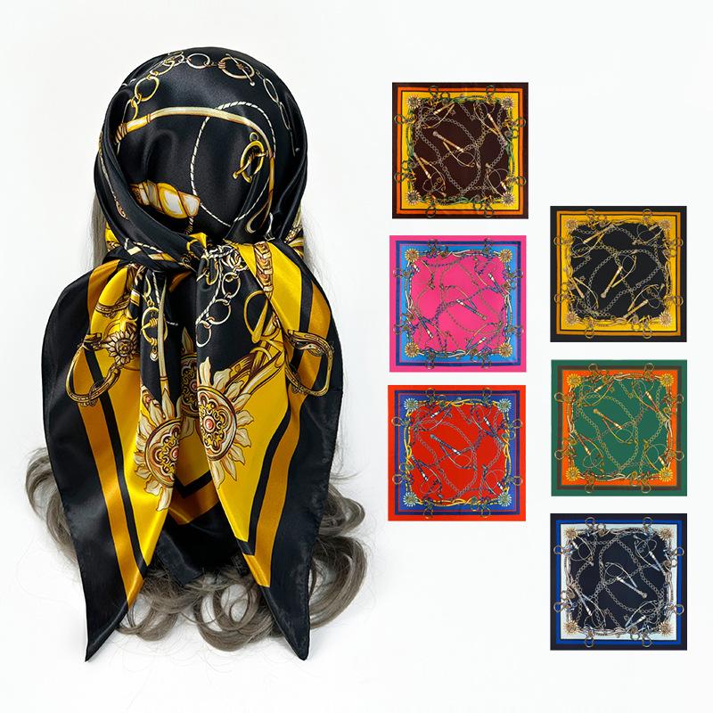 Black and Gold Belt, Fashionable Silk Scarf, Affordable Luxury Chain, Printed Square Scarf, Headscarf, Wrap Top, Faux Silk Satin for Women
