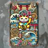 [2D Flat] Traditional Japanese Maneki-Neko Wall Art - Vintage Aluminum Metal Sign with Golden Cat, Waves, Flowers & Coins