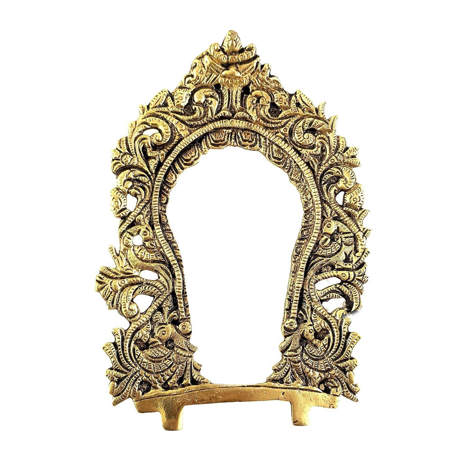 Two Moustaches Ethnic Carved Peacock Design Brass Prabhavali Frame Wall Hanging