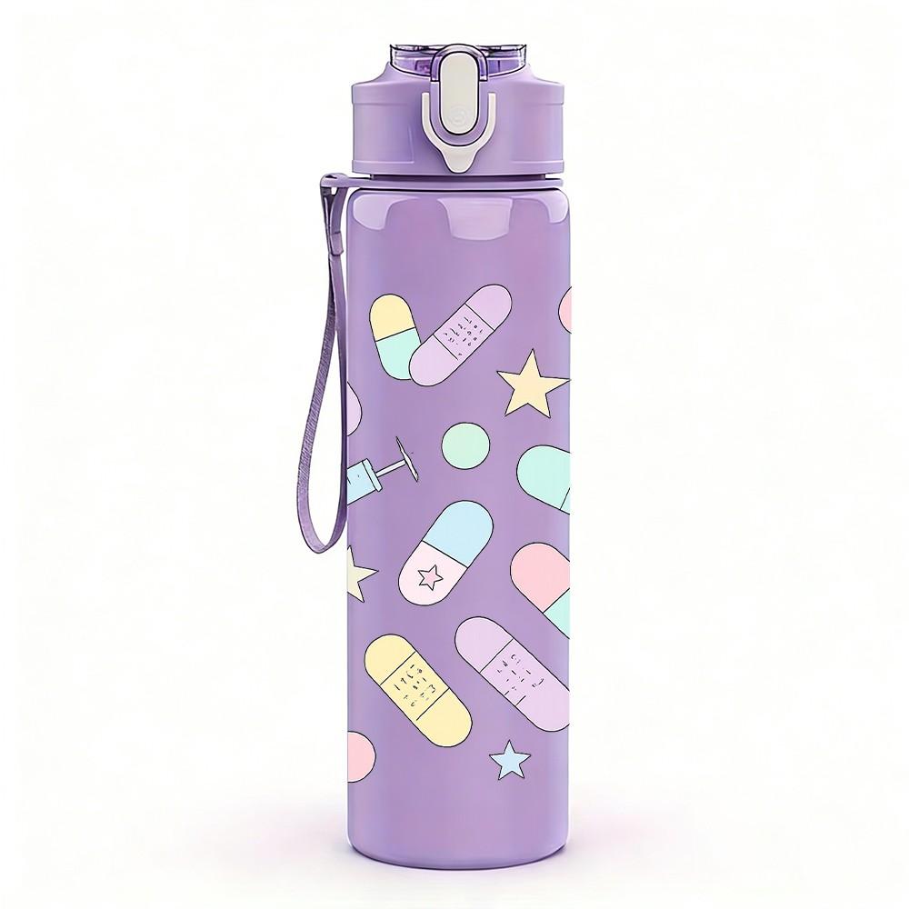 1PC Medical Supply Sticker Pack 750ml Color Plastic Sports Water Bottle Leakproof Flip Straw Lid Suitable for Sports Office Home Use