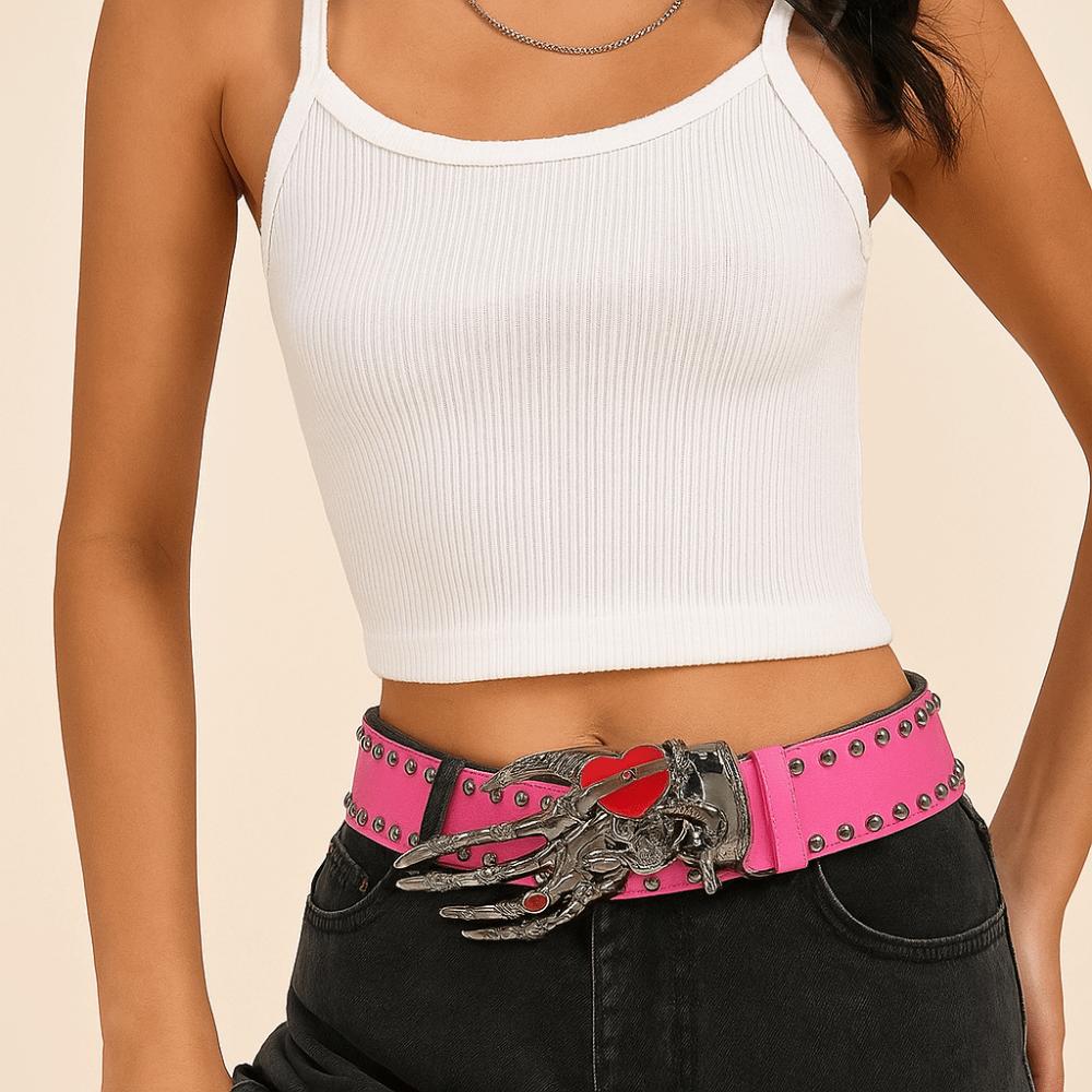 American Punk Skull Rivet Belt Jeans Decor PU Leather Waistbands Love Hand Palm Belt  Daily