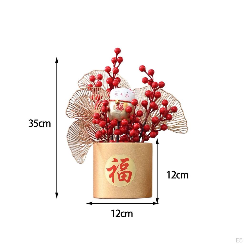 Chinese Flower Basket Ornament Arrangement Red Fruit Tree Celebration Bouquet for Festival