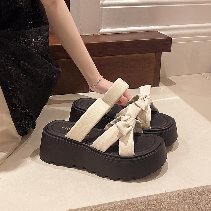 2025 Summer Women's Cool Slippers Casual Bow New Outer Wear Thick-soled Skirt One-word Drag 100 with Height Increase Drag