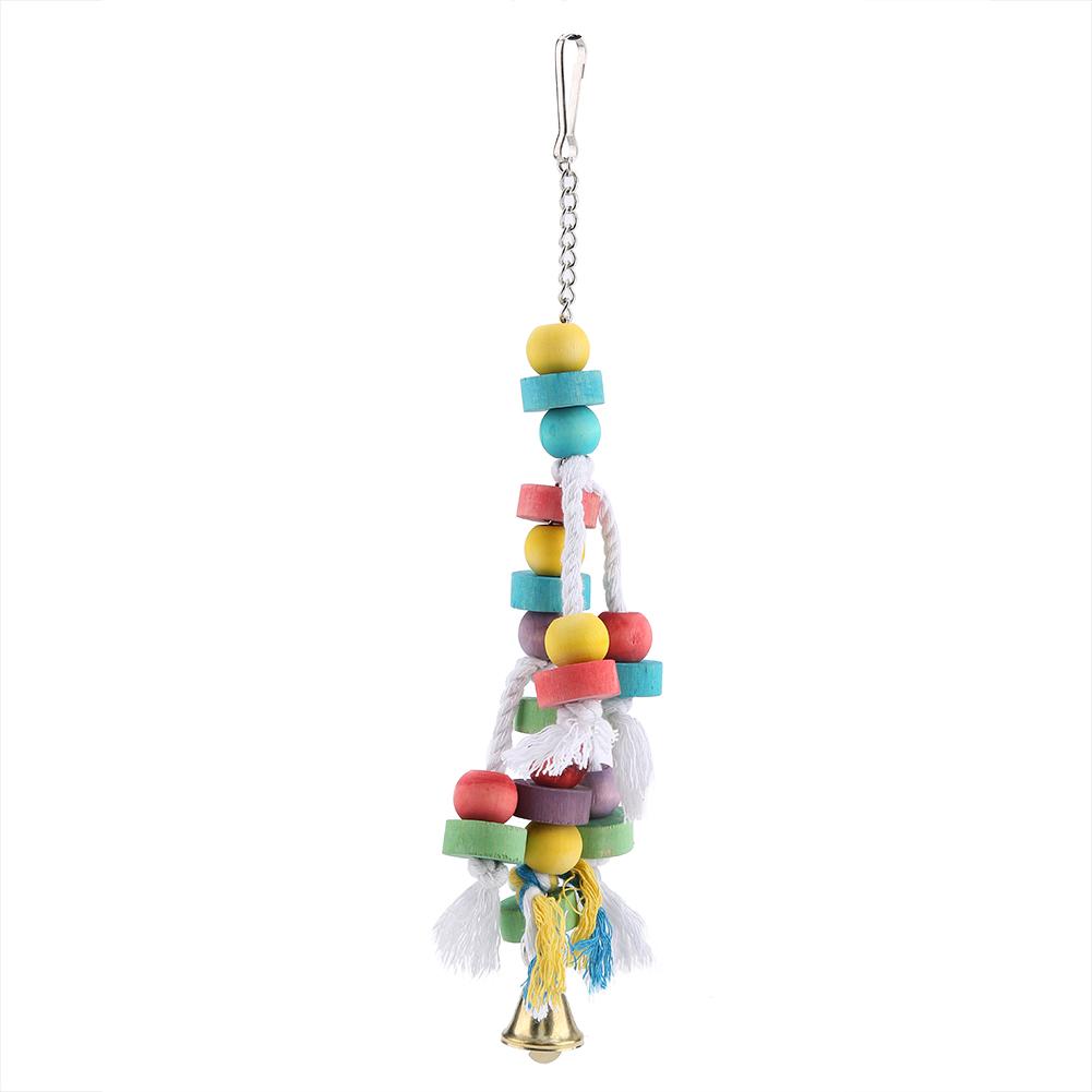 Colorful Parrot Toys Natural Wooden Birds Hanging Chew Toy with Bell Cage Play Toy Supplies
