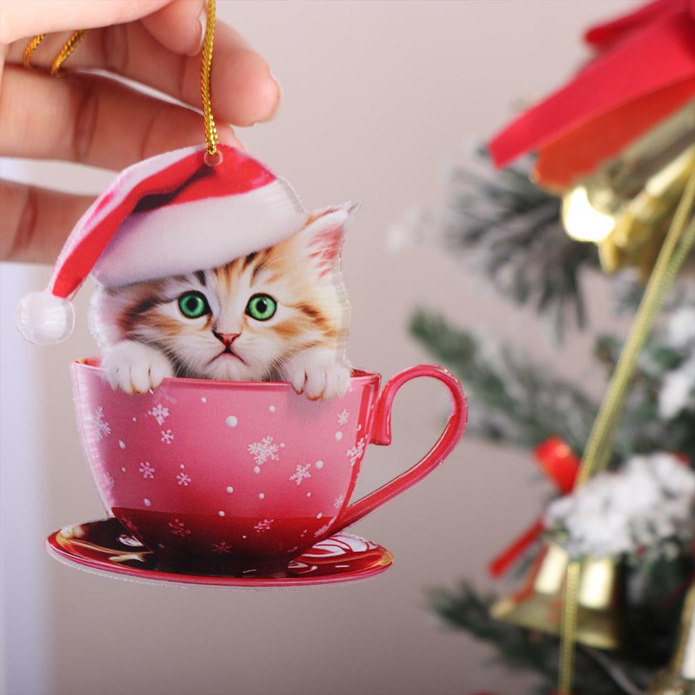Cartoon Christmas Cup Cat Pendant Acrylic Cat Rearview Mirrors Pendant for Car Xmas Tree Bag