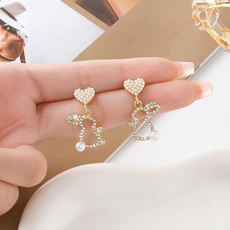 European & American Style Crystal Pearl Rose Tassel Earrings