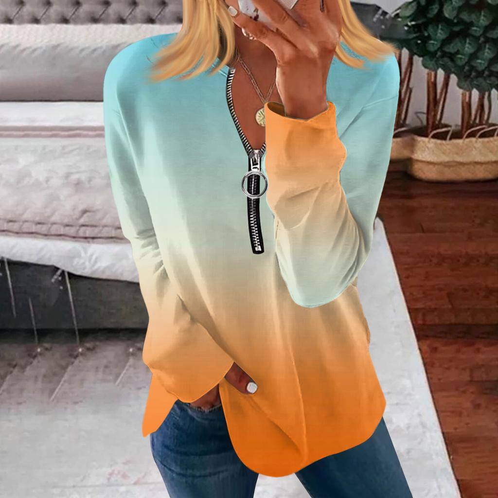 Women's Zipper Round Neck Tops Cotton Blouses Casual Fashion Shirt Tops Women's Casual Long Sleeve Tops