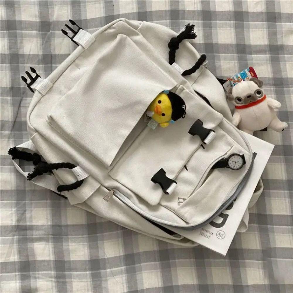 Canvas Schoolbag Solid Color Large Capacity Shoulder Bag Wear-resistant Lightweight Backpack