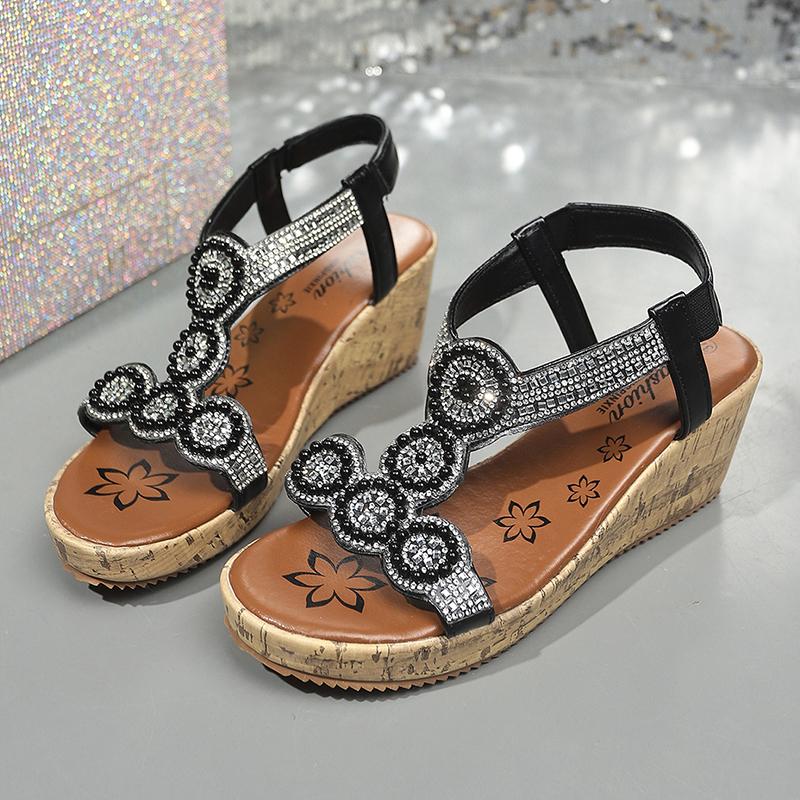 Rhinestone Wedge Heel Sandals for Women 2025 Summer Platform Bohemian Sandals Woman Thick Bottom Elastic Band Gladiator Shoes