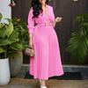 Women Elegant High Waist Turn Down Collar Long Sleeve Solid Pleated A Line Midi Dress